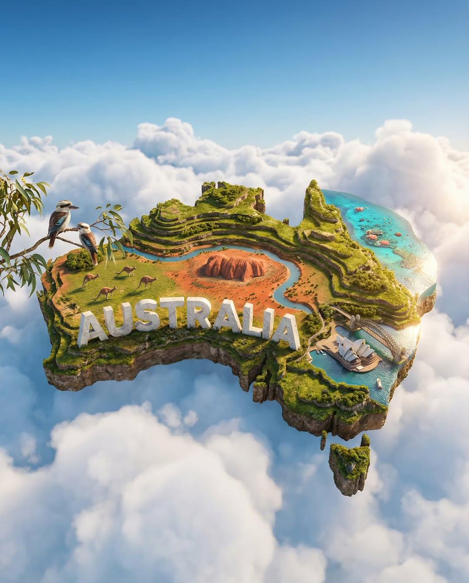 Create an ultra-HD, hyper-realistic digital poster of a floating miniature island shaped like [Coun…