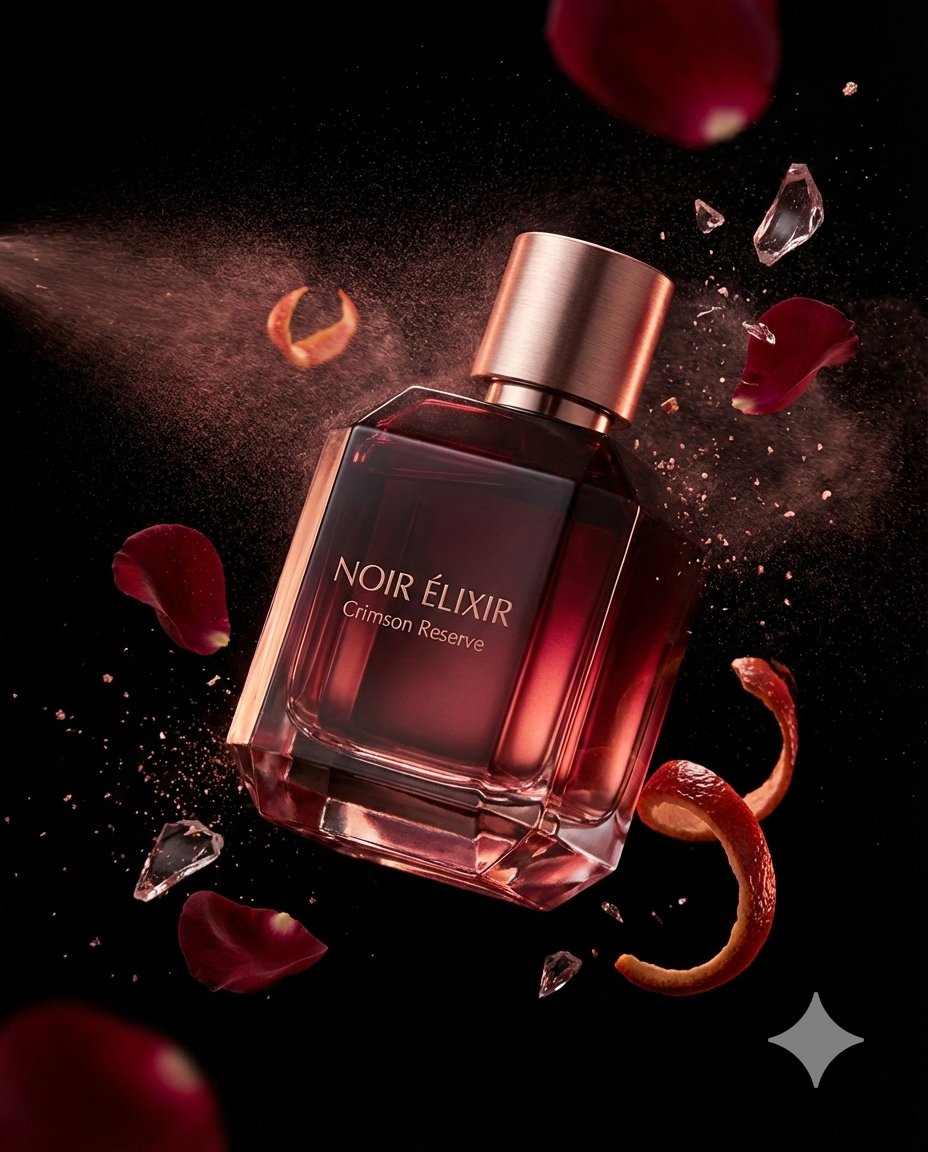 { "master_prompt": { "product": { "type": "luxury perfume bottle", "brand_name": "NOIR ÉLIXIR", "fr…
