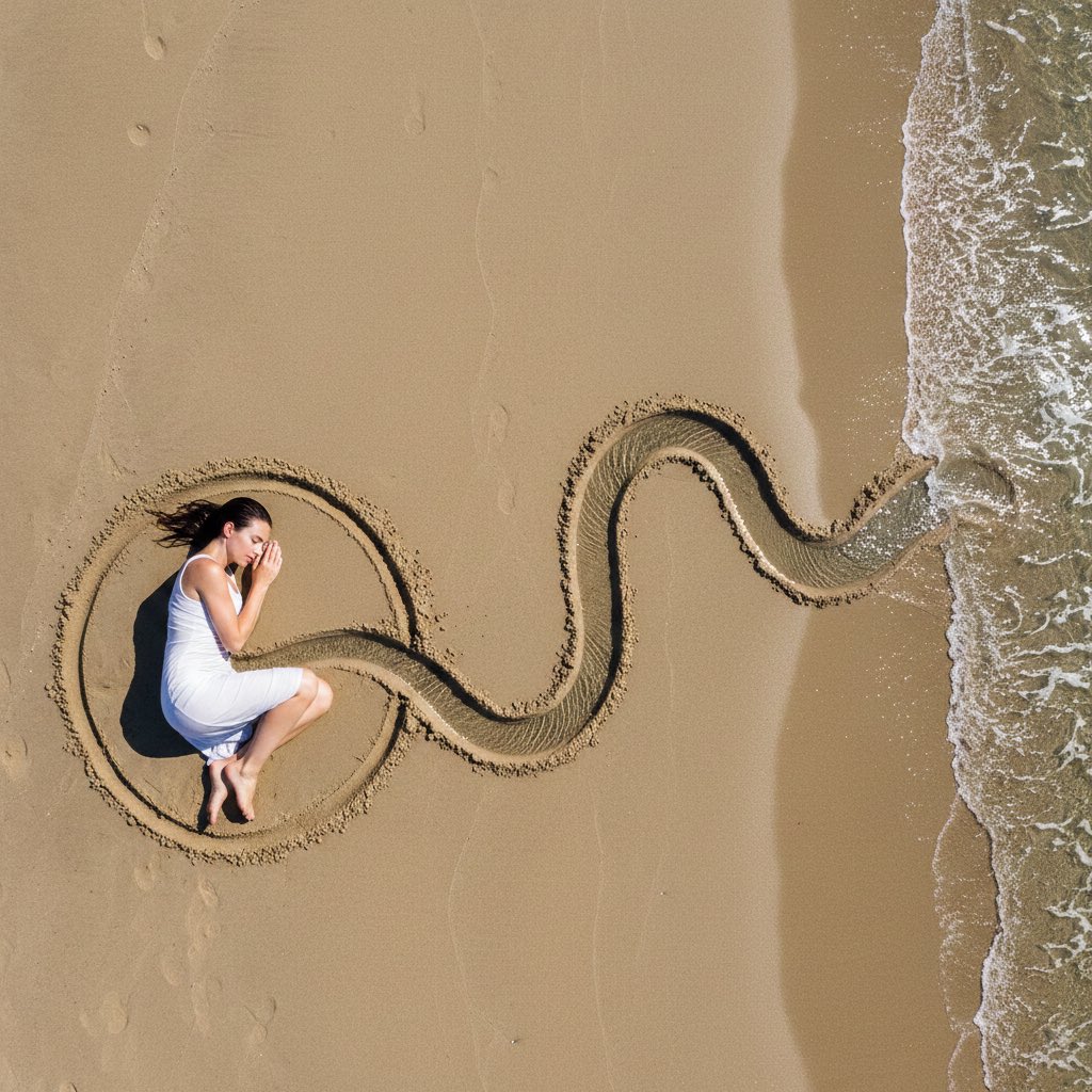 Lying in a tight fetal position inside a sand circle.