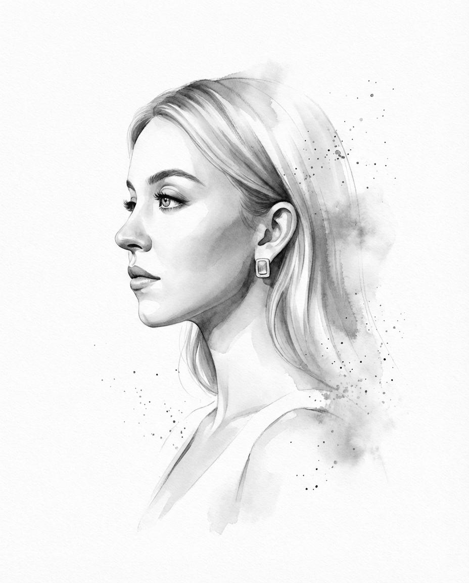 Transform the input photo into a refined monochromatic ink portrait on a pure white background. Cle…