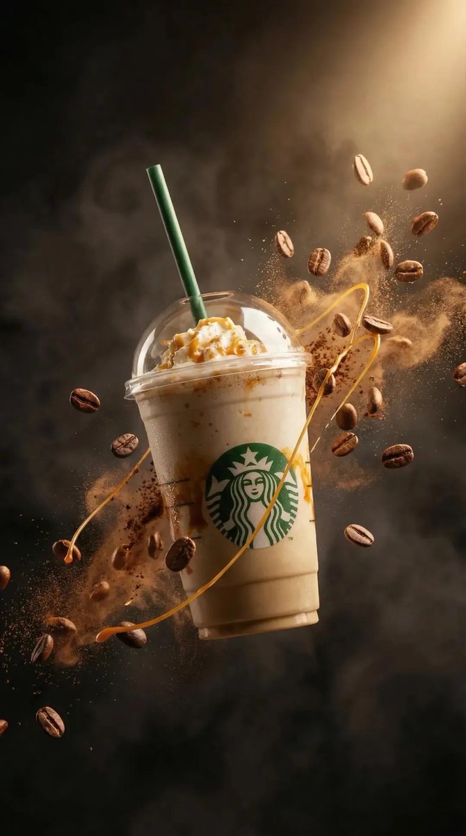Ultra-realistic commercial product photography of a caramel frappuccino in a clear plastic cup with…