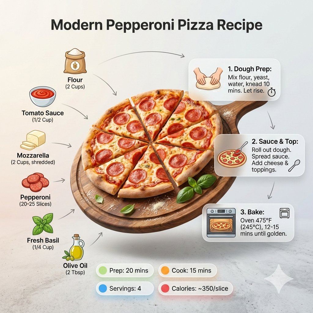 Ultra-clean modern recipe infographic. Showcase Pizza in a visually appealing finished form—sliced,…