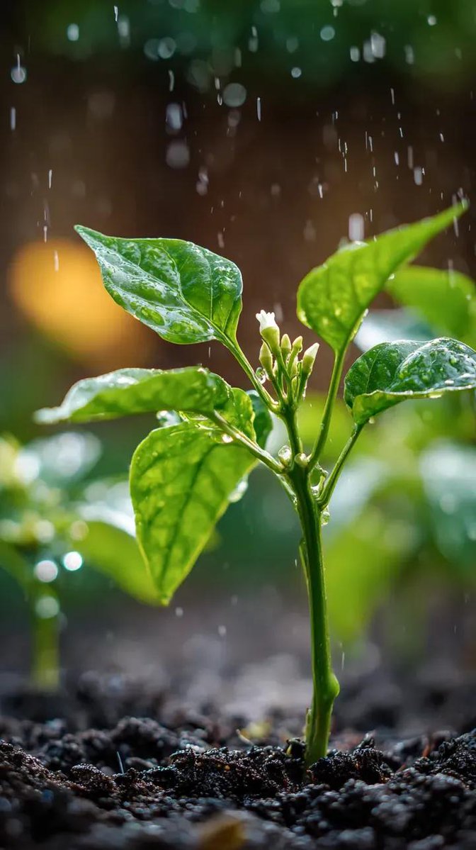 A small chili plant with glossy green leaves and one tiny white flower bud forming, emerging from d…