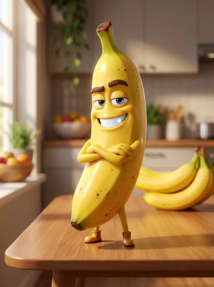 A Pixar-style 3D animated character of a single banana. Handsome male character with sharp confiden…