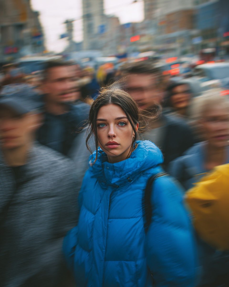 Ultra-realistic cinematic street portrait of a young woman in a bright blue puffer jacket standing …