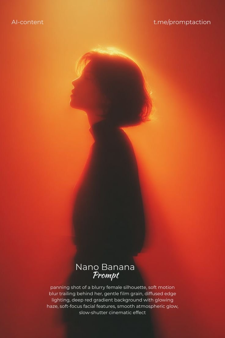 panning shot of a blurry female silhouette, soft motion blur trailing behind her, gentle film grain…