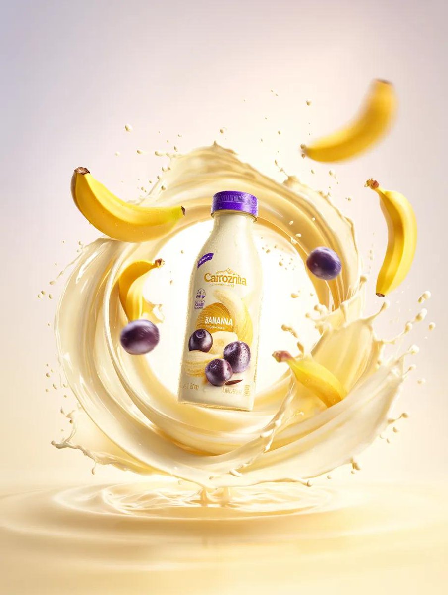 Premium banana milk drink bottle surrounded by swirling milk splash, floating bananas and berries, …
