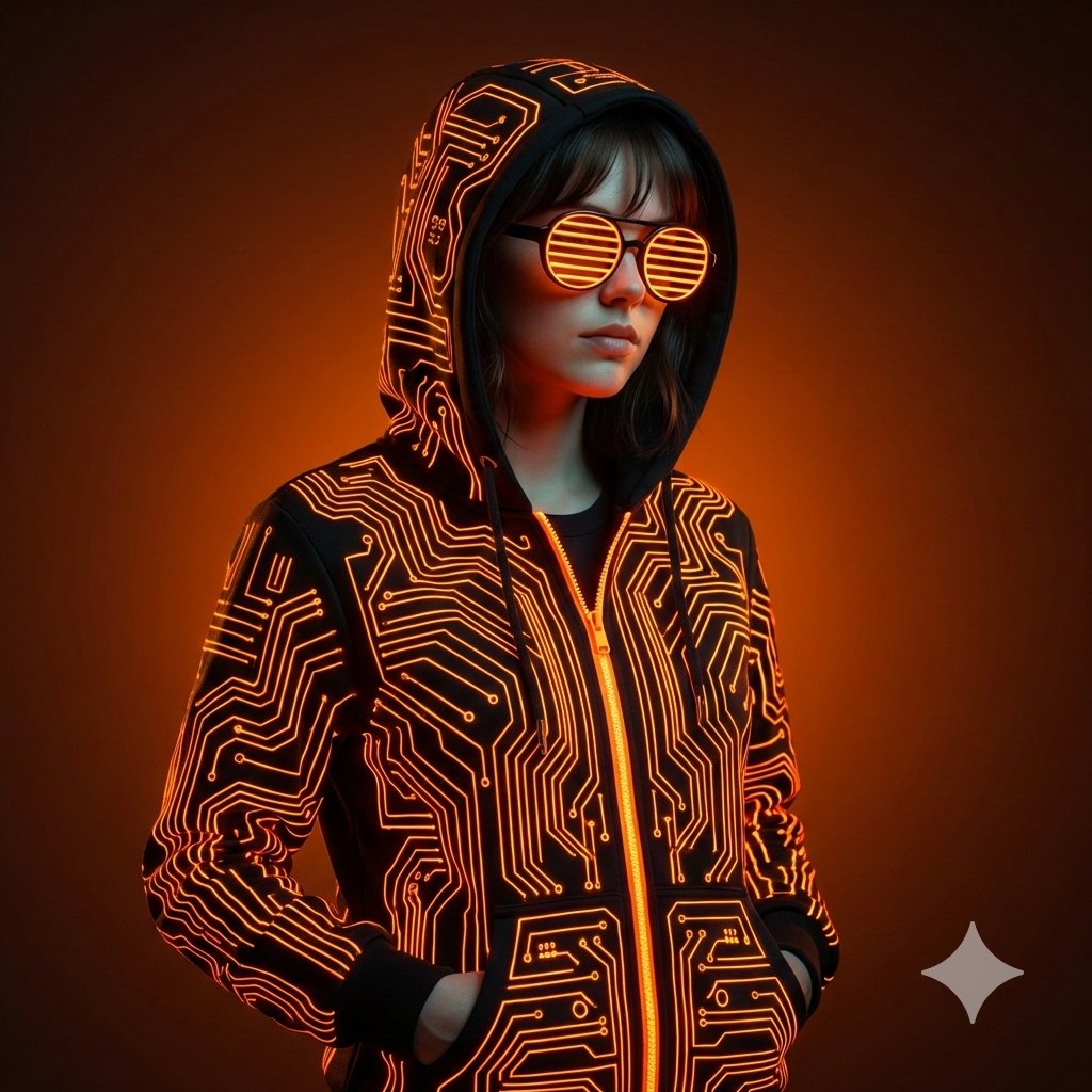 Ultra-realistic cinematic studio portrait using provided person only. Subject wears black cyberpunk…