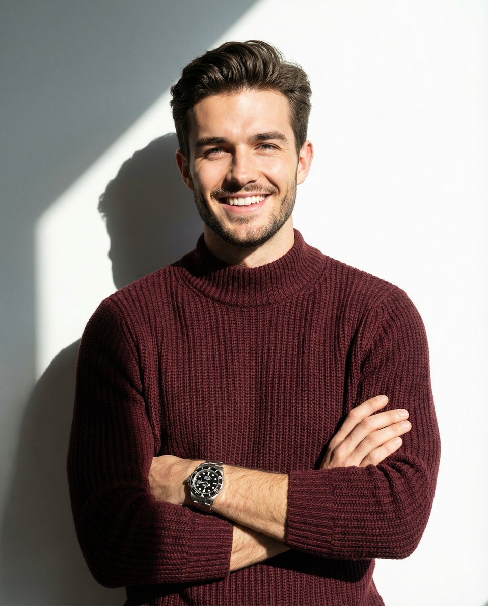 A man smiling and posing with his arms crossed, wearing a maroon knitted high-collar sweater, with …