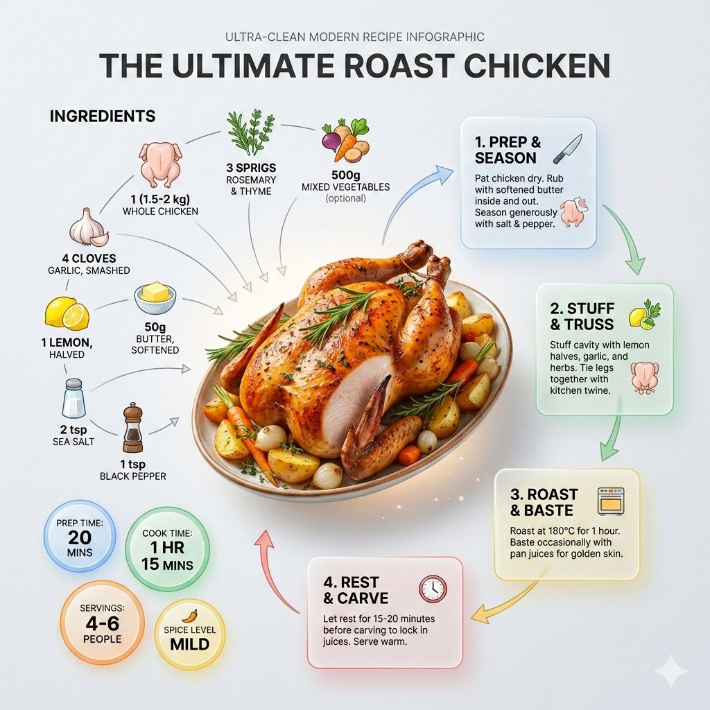 Ultra-clean modern recipe infographic. Showcase Roast chicken in a visually appealing finished form…