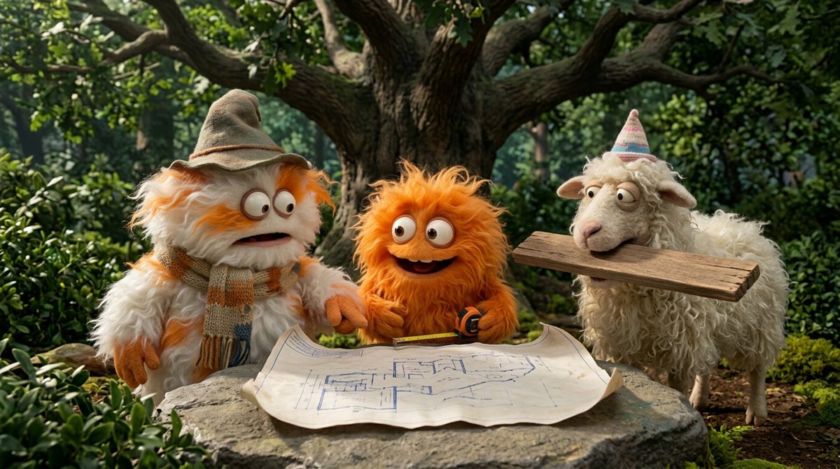 Create a funny 4-part story featuring 3 fluffy creatures building a treehouse. The story has emotio…