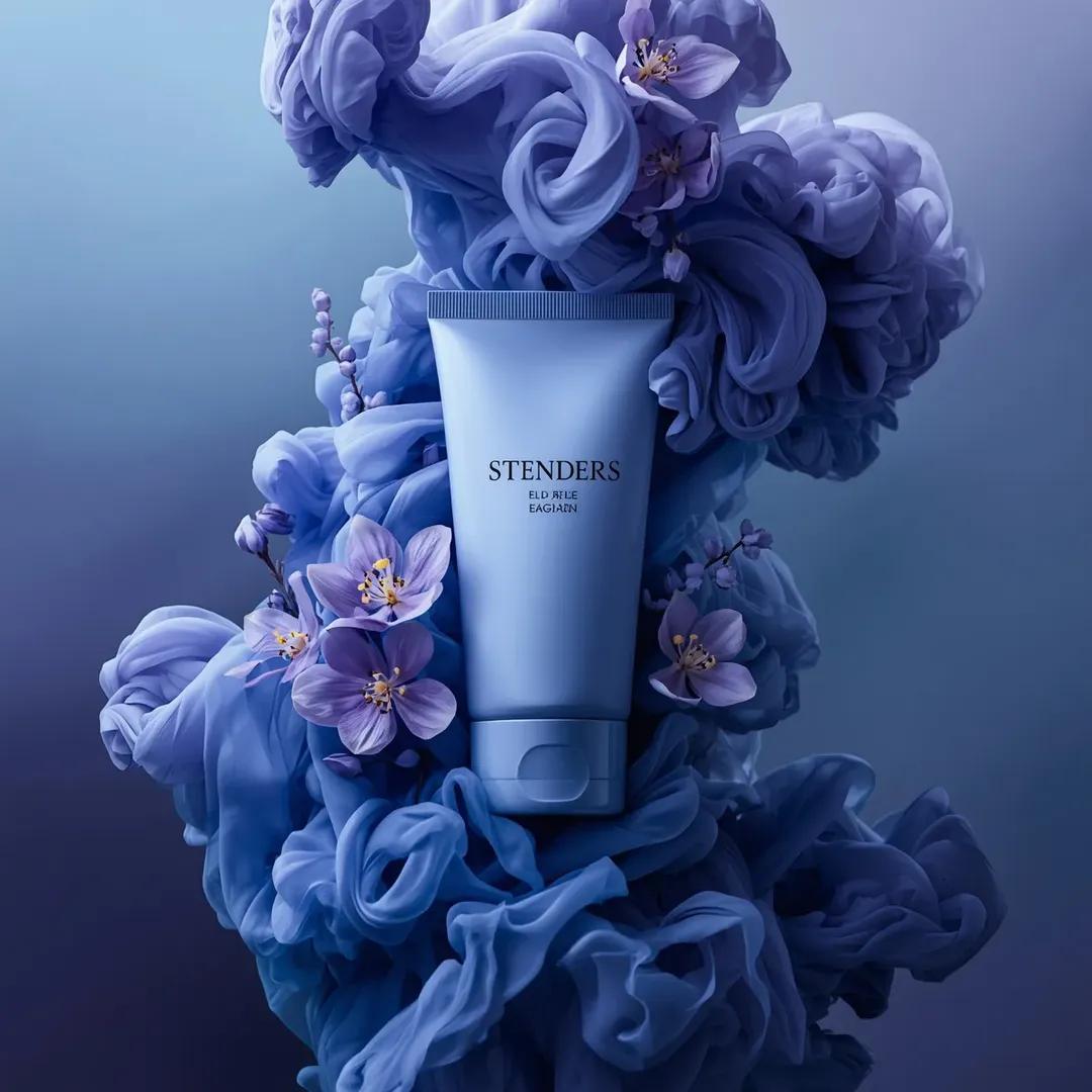 Ultra-realistic luxury cosmetic product photography in a dramatic monochromatic blue-violet composi…