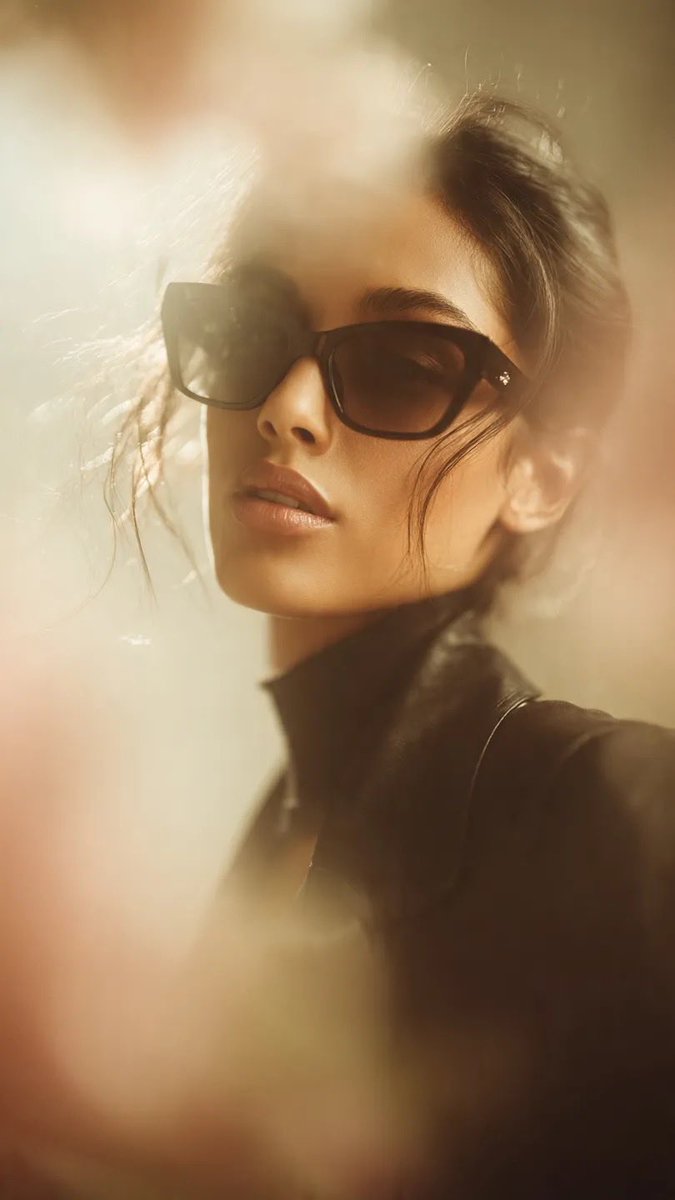 Ultra-realistic cinematic fashion portrait of a stylish woman wearing oversized black cat-eye sungl…