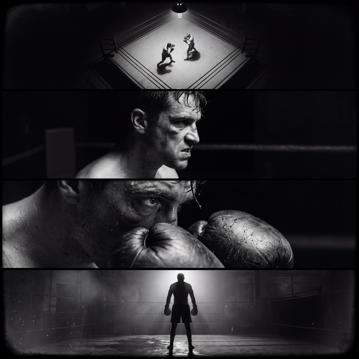 Create a single film noir–style cinematic image divided into four horizontal panels, all depicting …