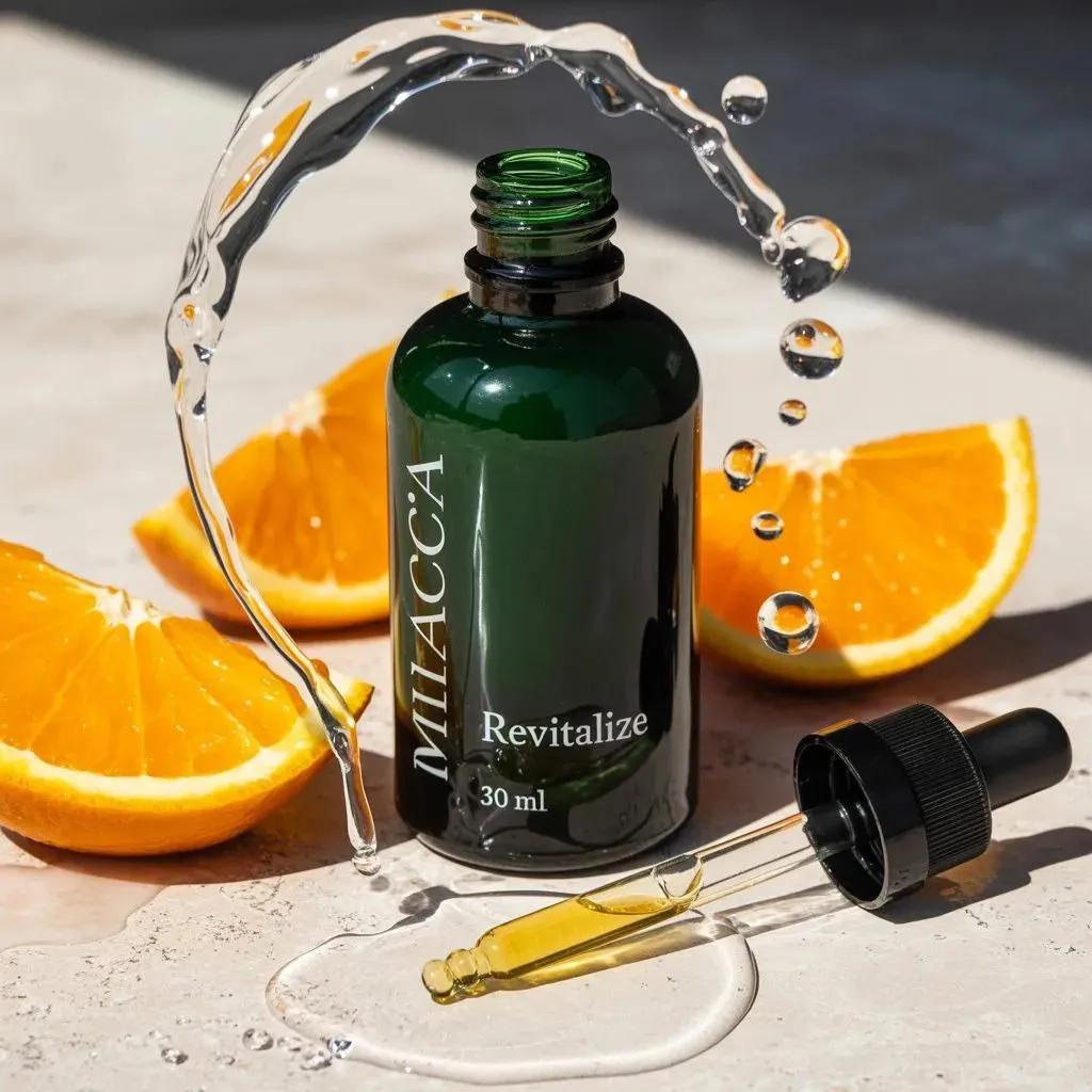 Ultra-realistic premium skincare serum bottle (dark green glass with dropper), golden liquid inside…