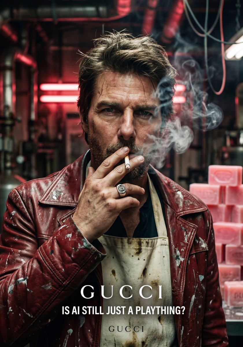 A highly detailed, cinematic portrait of Tom Cruise, featuring a gritty, industrial aesthetic. He h…