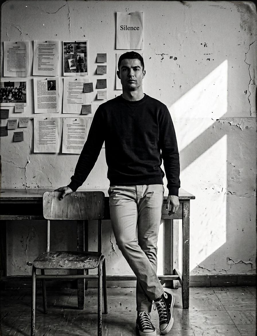 Create a high-contrast black and white portrait in a quiet classroom.Use uploaded image as referenc…