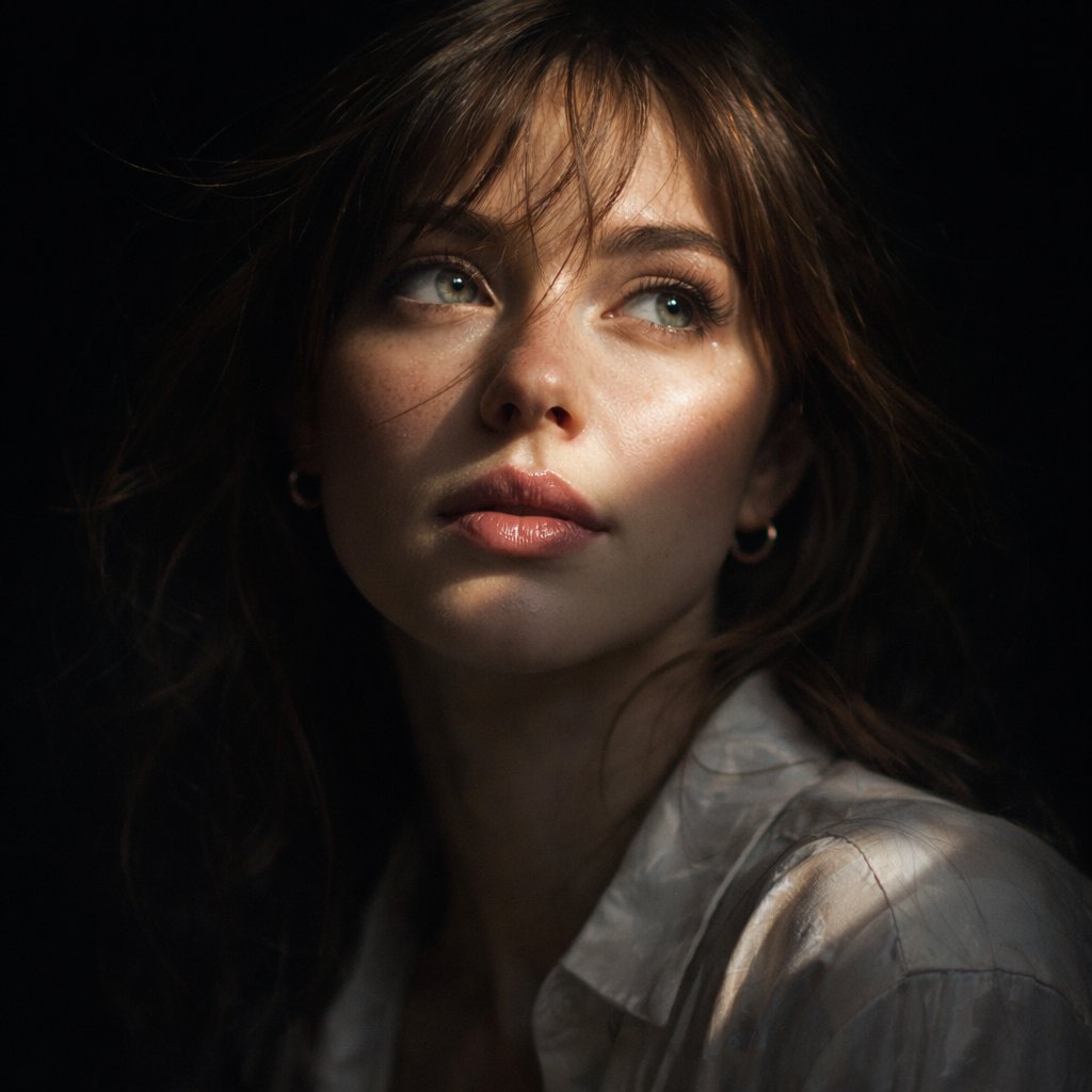 Hyper-realistic cinematic Create an 8k close-up portrait of a beautiful woman with medium, brown, s…