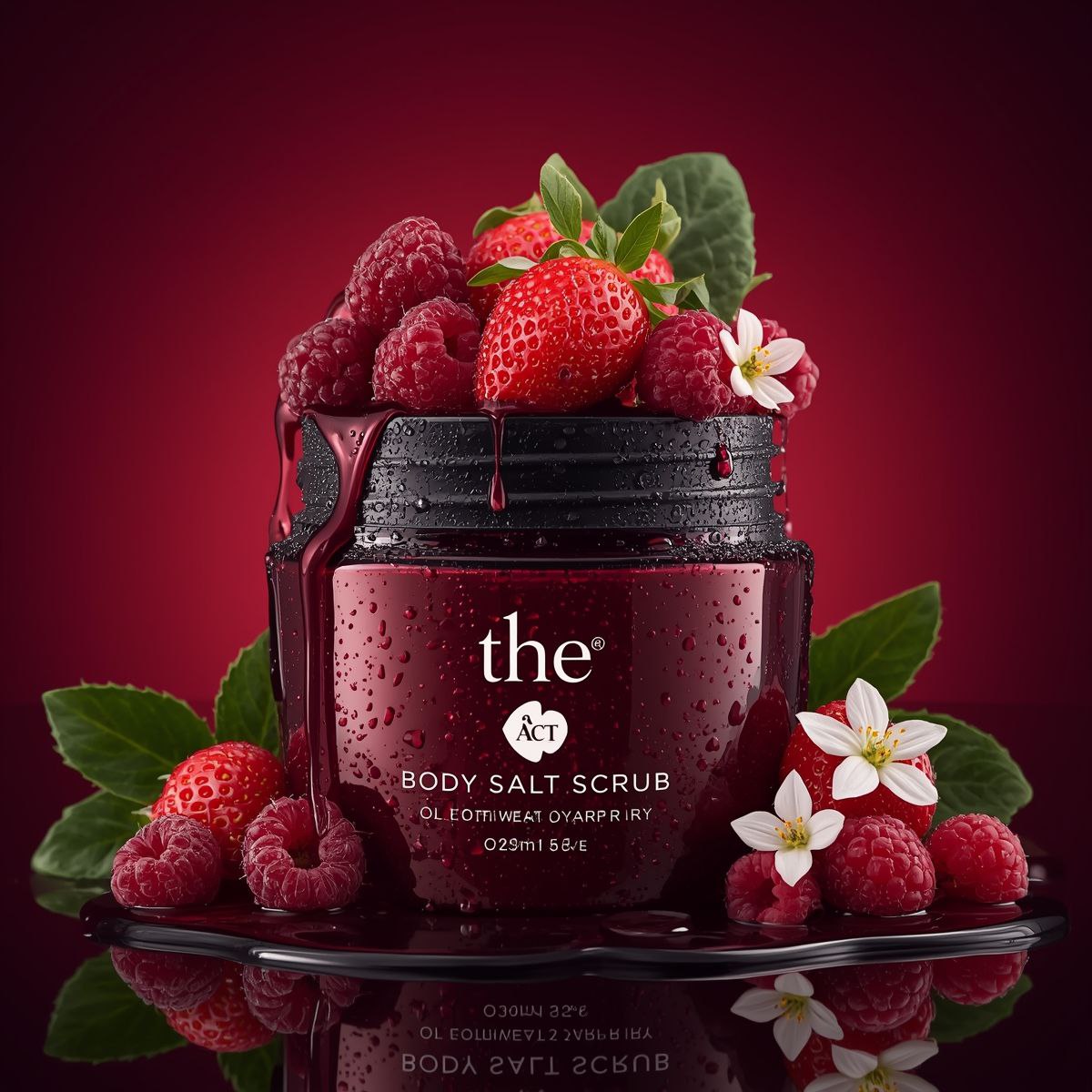 Use the uploaded image as the exact visual reference for jar design, label, strawberries, raspberri…
