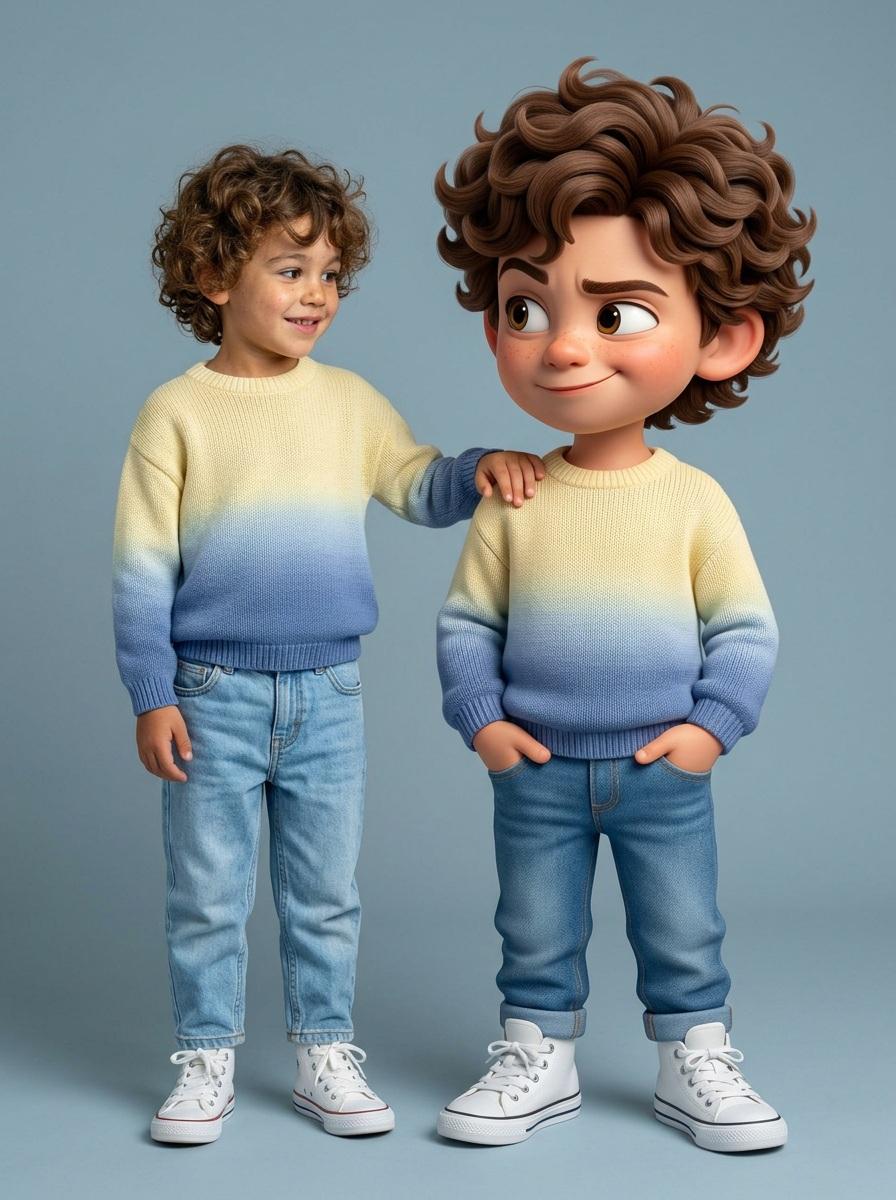 Ultra-high-quality hyper-realistic photo featuring a real human and a giant 3D Pixar-style version …