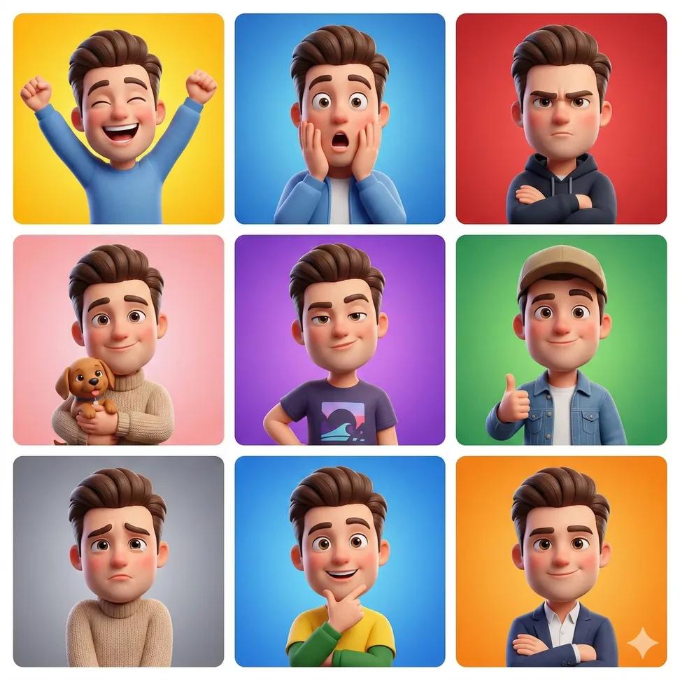3D cartoon avatar character showing different emotions arranged in a 3x3 grid, same male character …