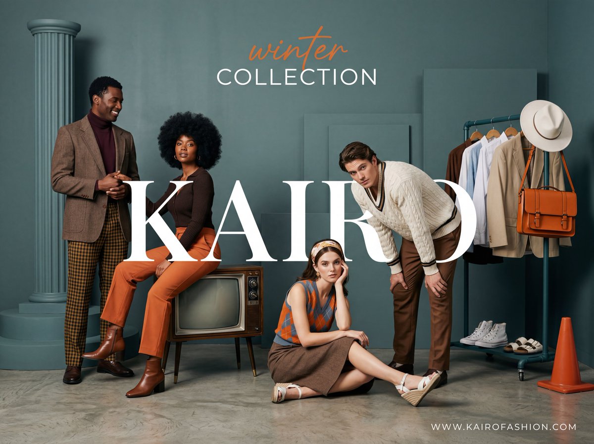 A wide-angle, studio fashion advertisement with a sophisticated retro-modern aesthetic. The scene i…