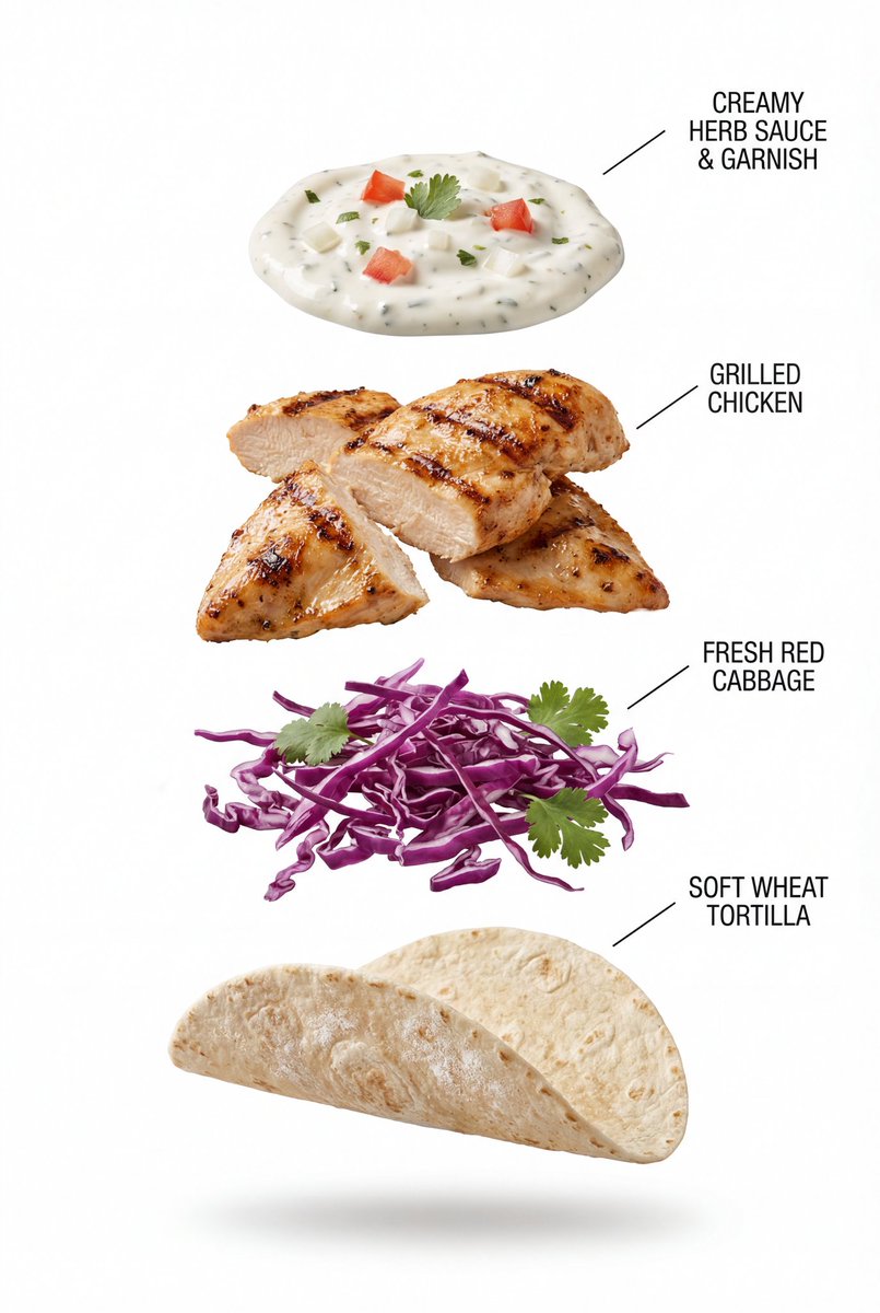 A high-quality, professional product photograph of a grilled chicken taco filled with juicy grilled…