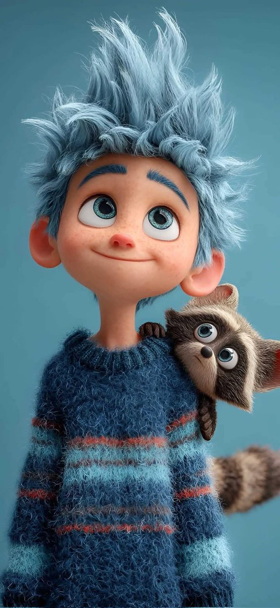 Cute stylized 3D animated boy with messy fluffy blue hair and big expressive eyes, soft freckles on…