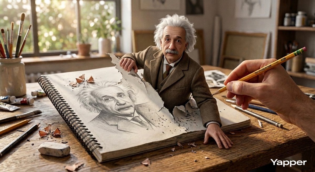 Hyper-realistic 3D illustration of Albert Einstein emerging from the pages of a sketchbook drawing,…