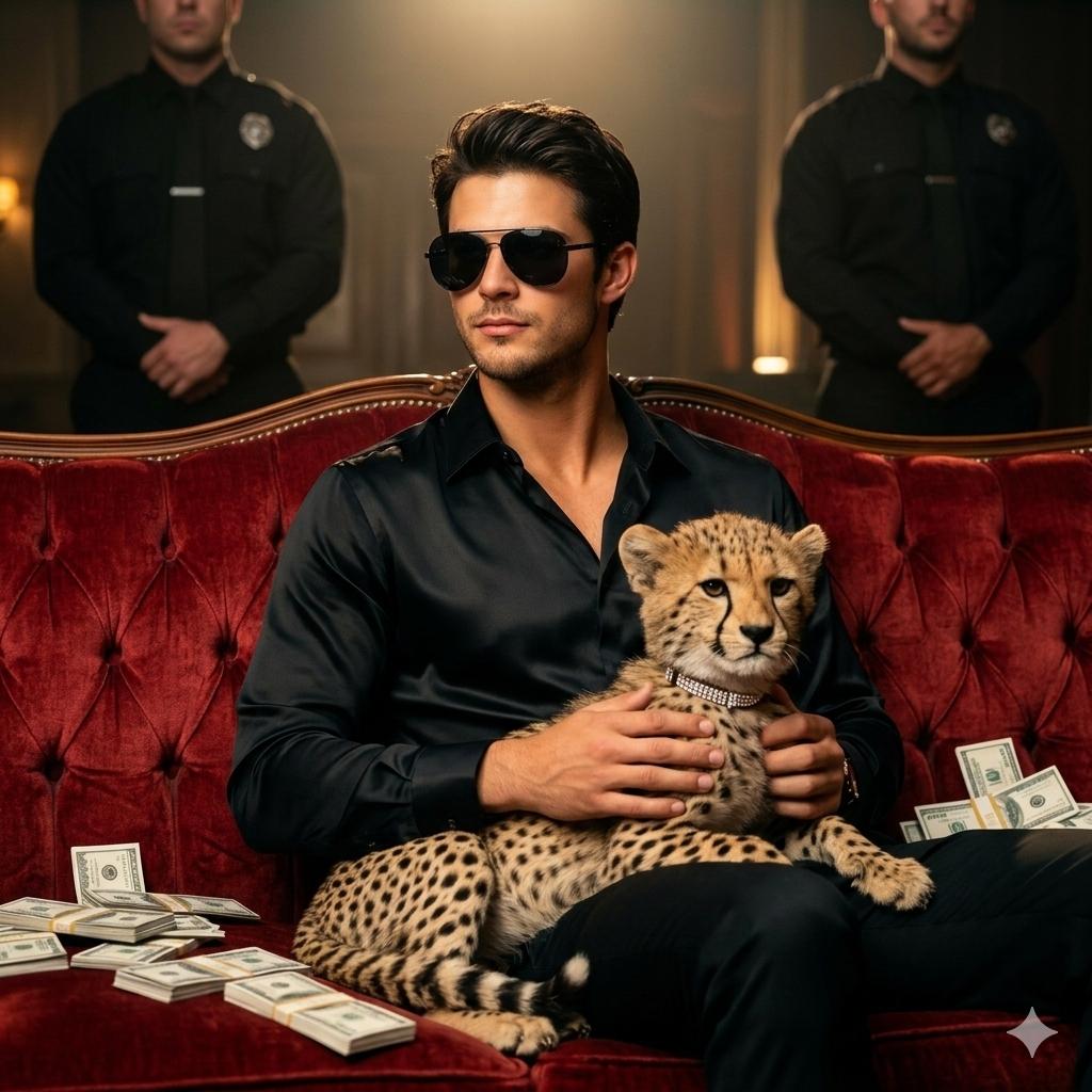 Using the reference picture, create A stylish man sitting on a luxurious vintage red velvet sofa, w…