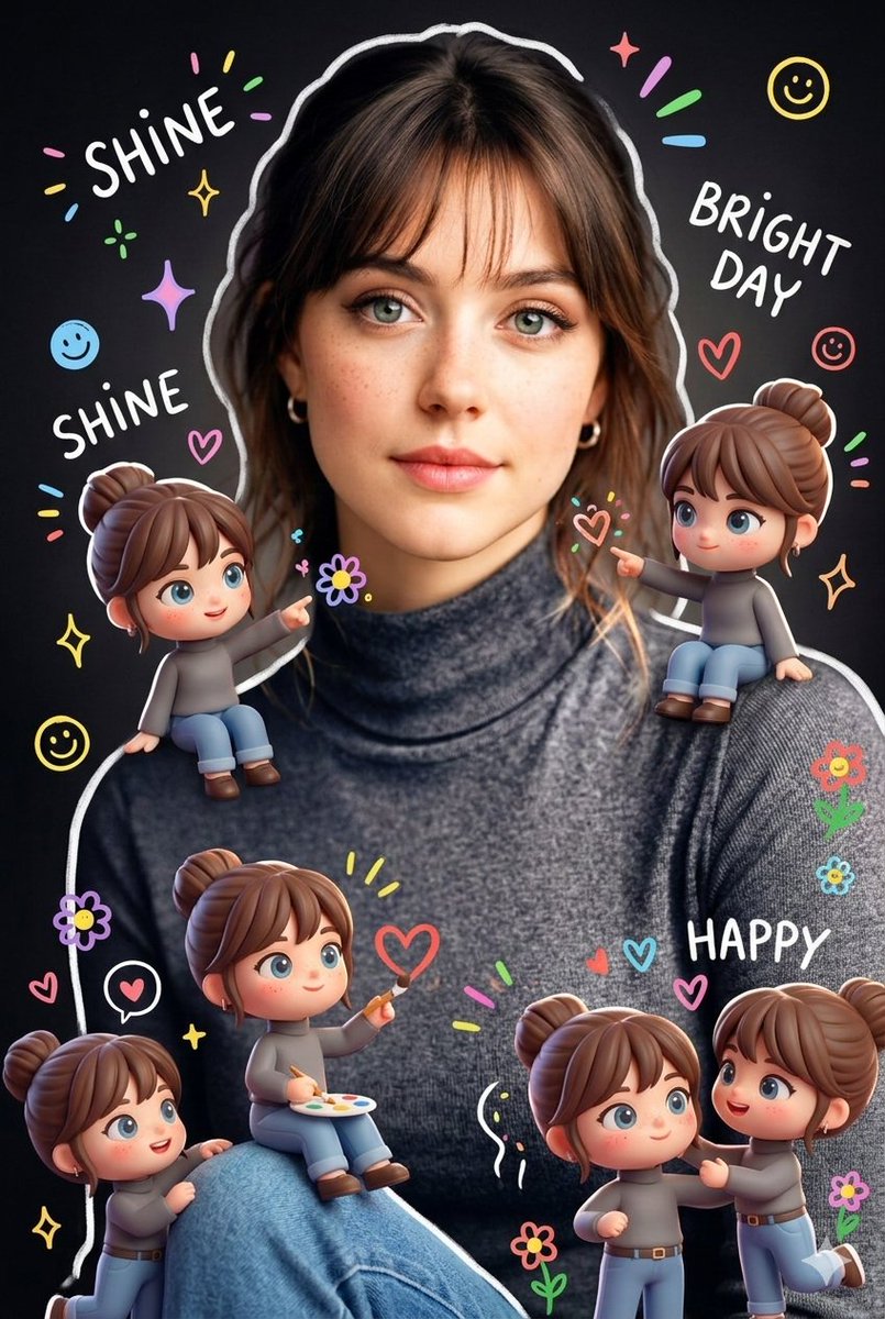 Surrounding the realistic main subject are multiple cute, 3D-style chibi miniatures of the same per…