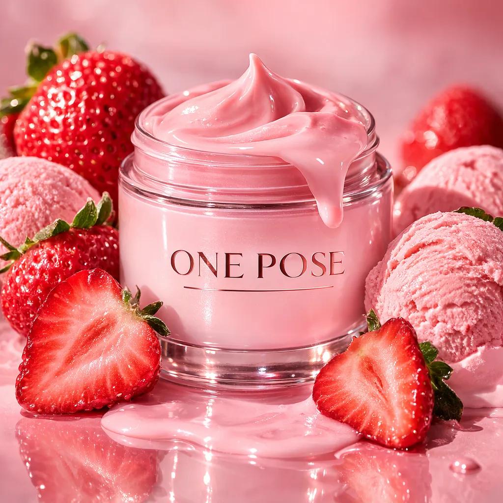 Ultra-realistic luxury skincare product photography featuring a glass cosmetic jar labeled “ONE POS…