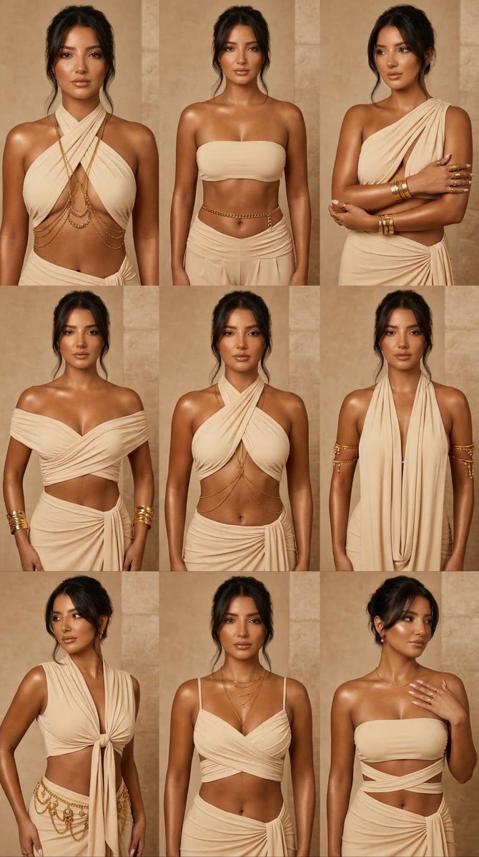 same elegant adult woman across all 9 panels