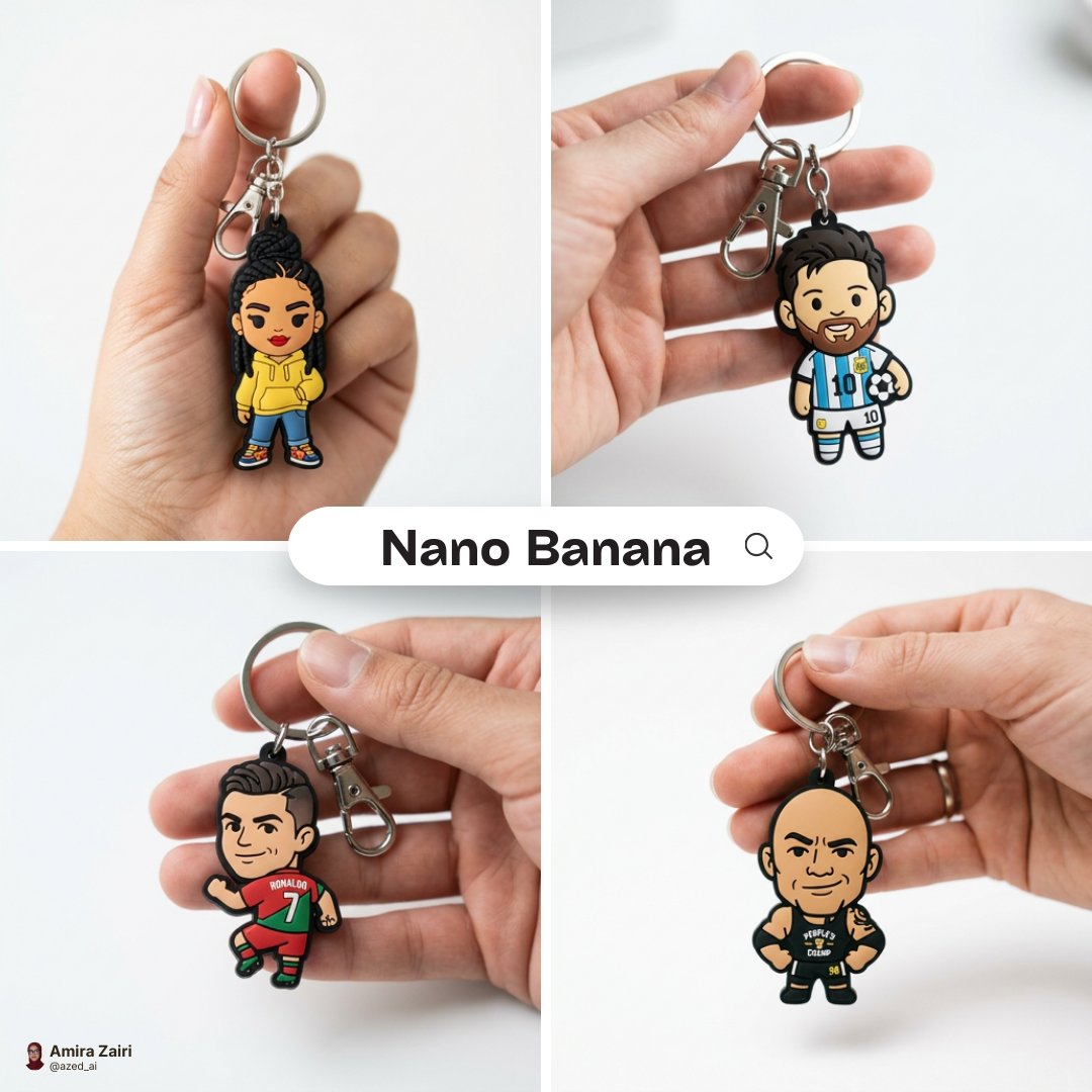 Close-up photo of a cute, colorful rubber keychain held gently in a person’s hand. The keychain fea…
