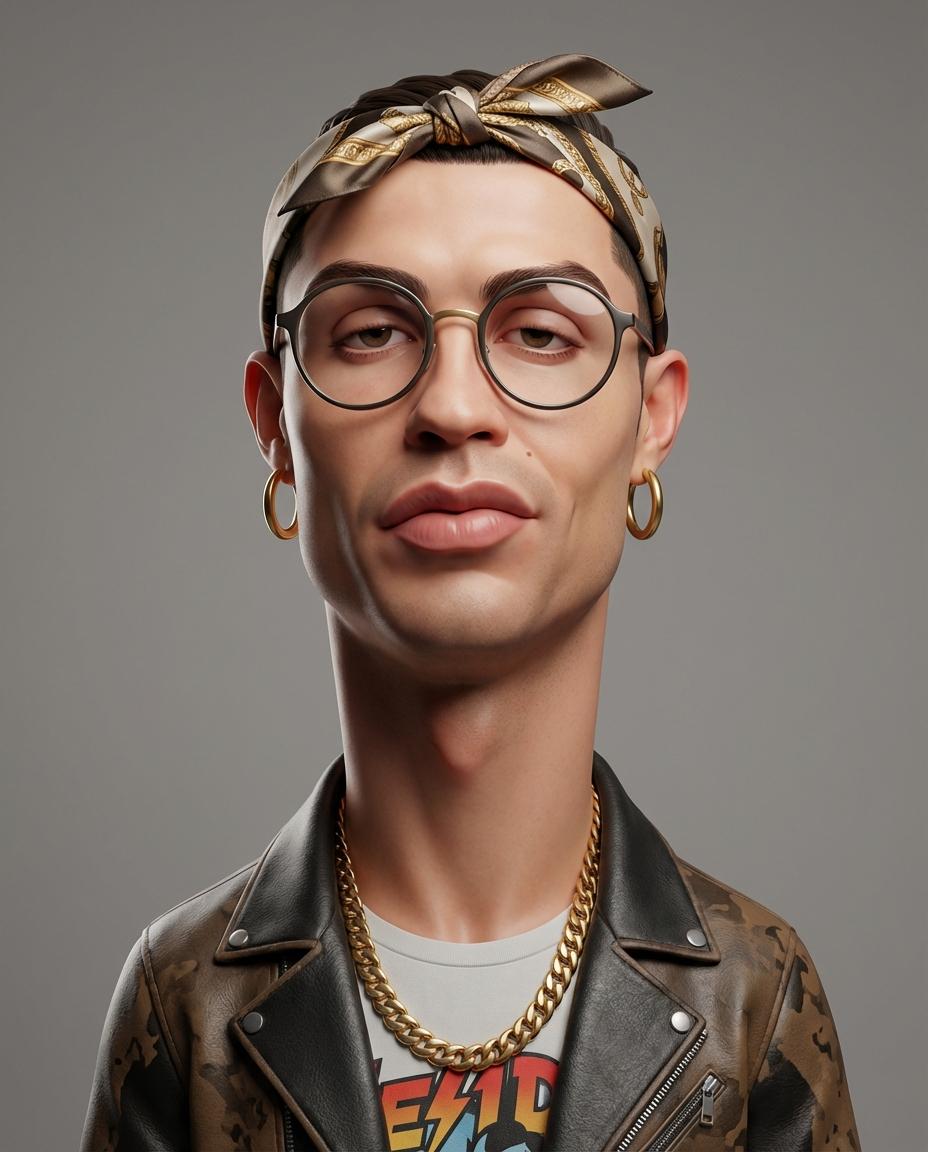 Create an exaggerated stylized 3D caricature character portrait with strong intentional deformation…
