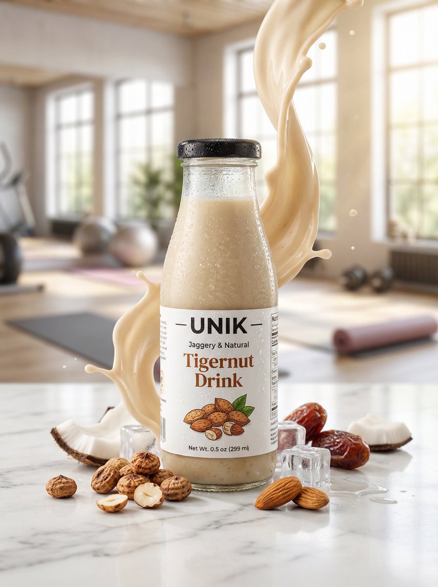 Ultra-realistic lifestyle beverage advertisement featuring a chilled bottle of “UNIK – Jaggery & Na…