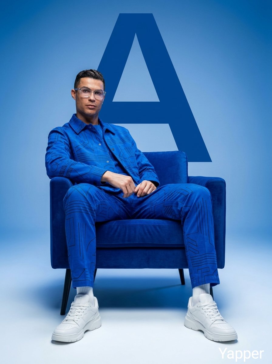 Minimalist fashion studio photoshoot featuring stylish people sitting confidently on a modern chair…