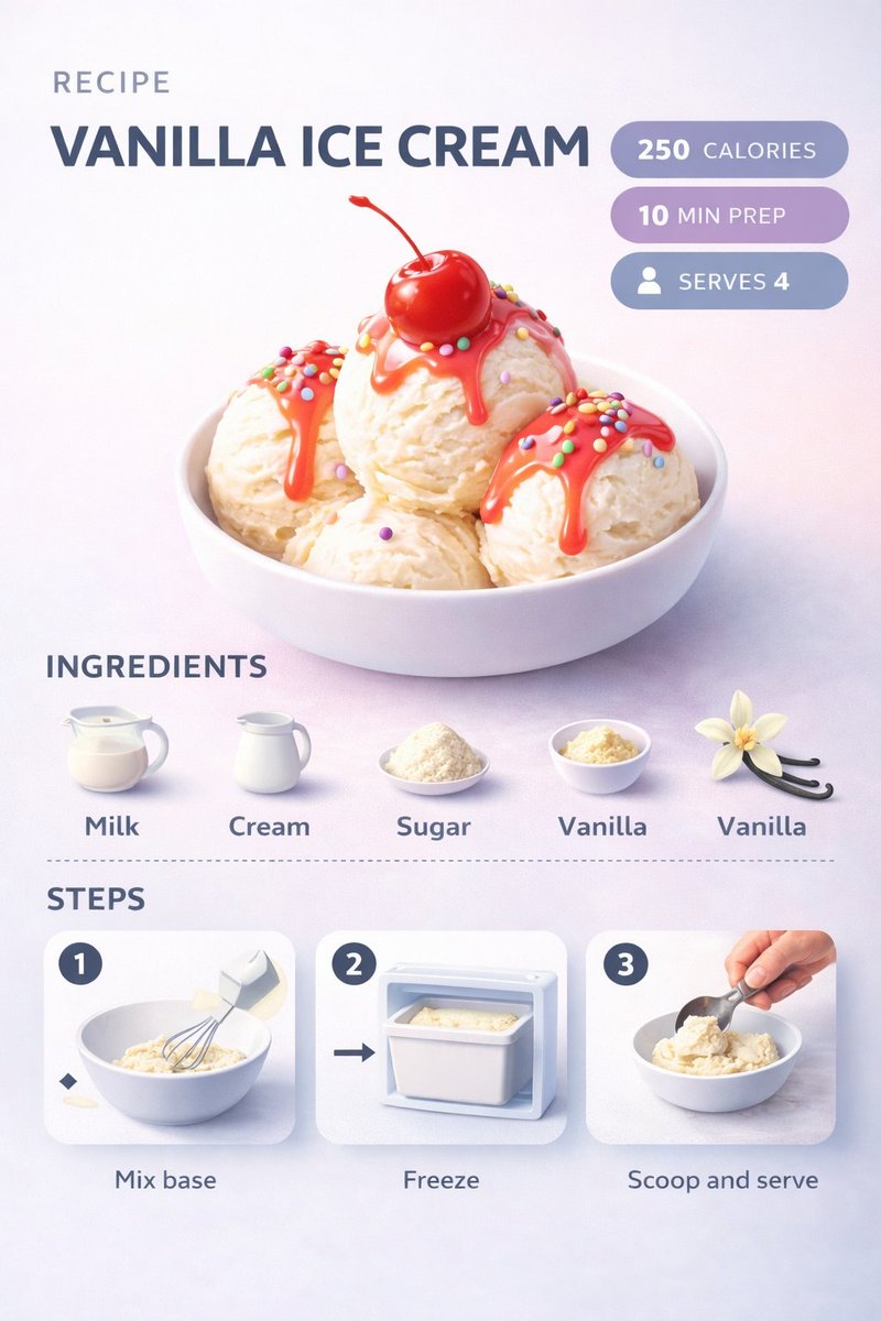 Ultra-clean modern recipe infographic. Showcase Vanilla Ice Cream Scoops with syrup and toppings in…