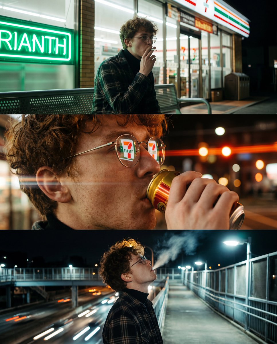 A vertical triptych of three cinematic, night-time urban photographs featuring a young man with mes…
