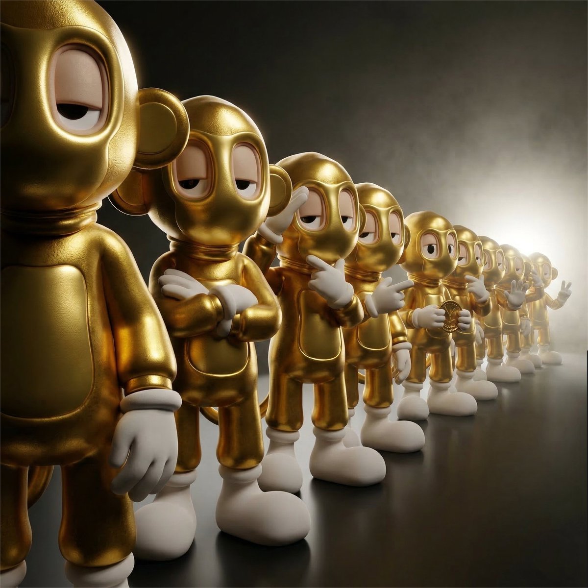 A detailed, collectible-style 3D render of a linear procession of twelve identical figures, viewed …