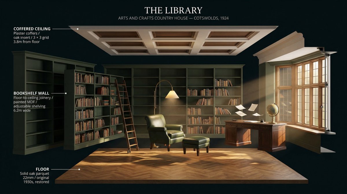 [ROOM TYPE] pulled apart in 3D, every surface and object floating at its exact position, slightly s…