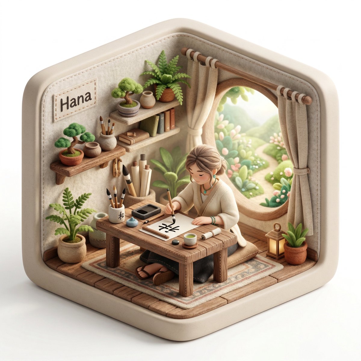 Create a 3D isometric diorama illustration of an original character named [CHARACTER NAME], peacefu…