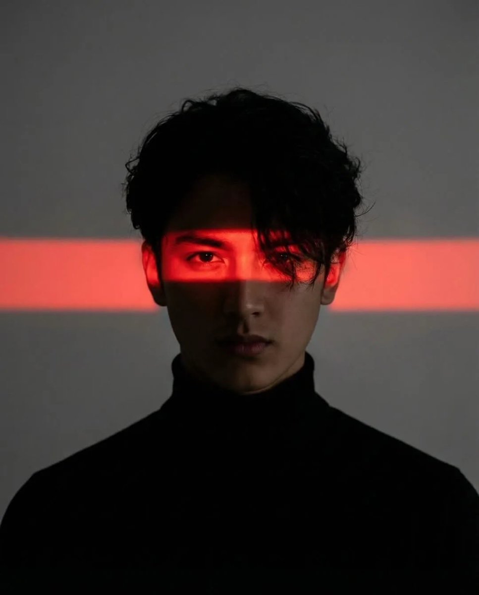 Cinematic studio portrait of a young man with messy textured hair, wearing a black turtleneck, cent…