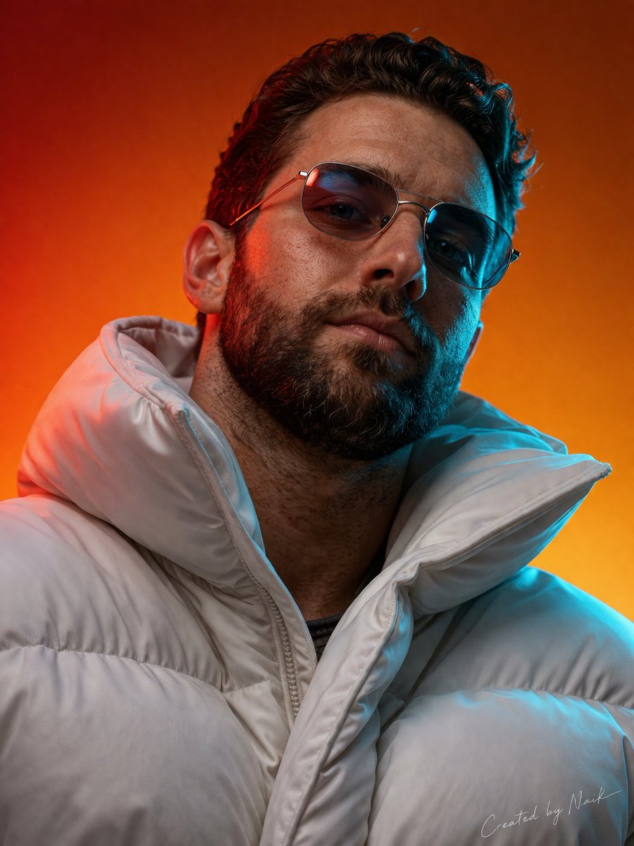 Create an ultra-photorealistic cinematic portrait of a man viewed from a slightly low angle looking…