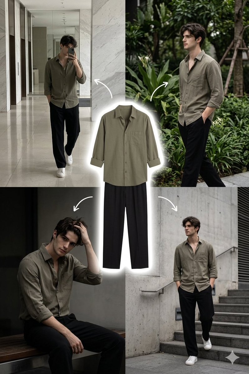 A stylish young man with medium-length wavy dark hair and a clean face, wearing a muted olive green…