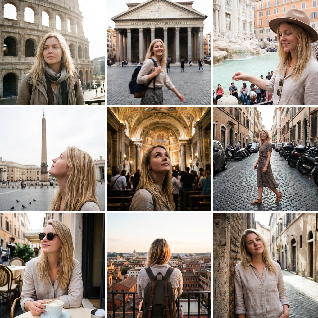 { "Objective": "Create a 3x3 Instagram-style grid of low-quality smartphone photos featuring the sa…