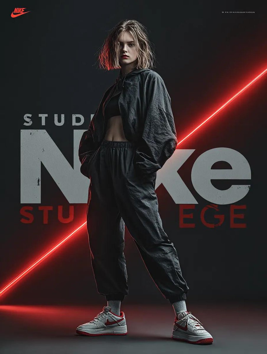 A dynamic fashion advertisement for Nike showing a hyper-realistic model mid-twist jump, light trai…