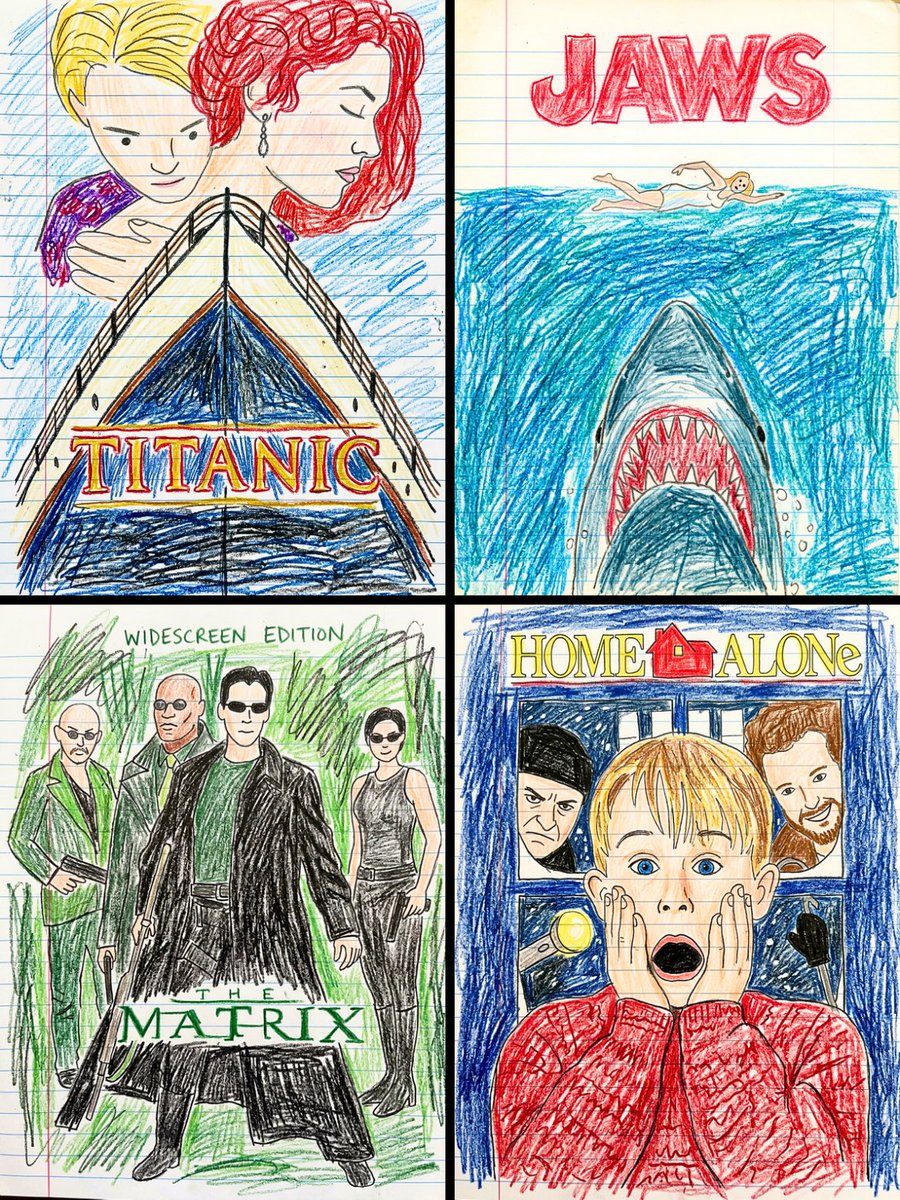 Transform this movie poster into a child’s crayon drawing on lined notebook paper. Every compositio…