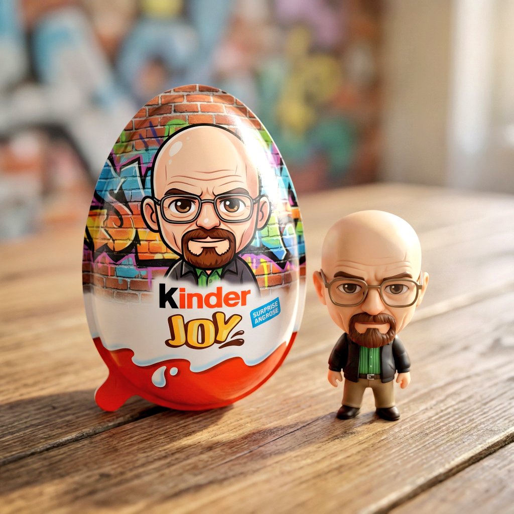 A hyper-realistic product photo of a Kinder Joy surprise egg sitting on a wooden table. The egg pac…