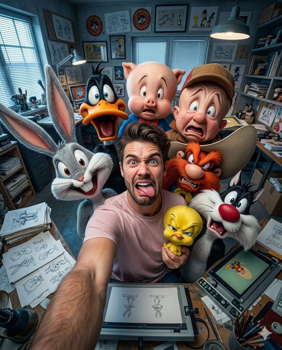 Ultra-realistic 4:5 vertical format ultra wide angle 13mm selfie of me with Bugs Bunny, Daffy Duck,…